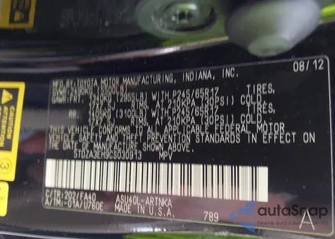 2012 Toyota Highlander z USA, uszkodzony, nr VIN 5TDZA3EH9CS030913